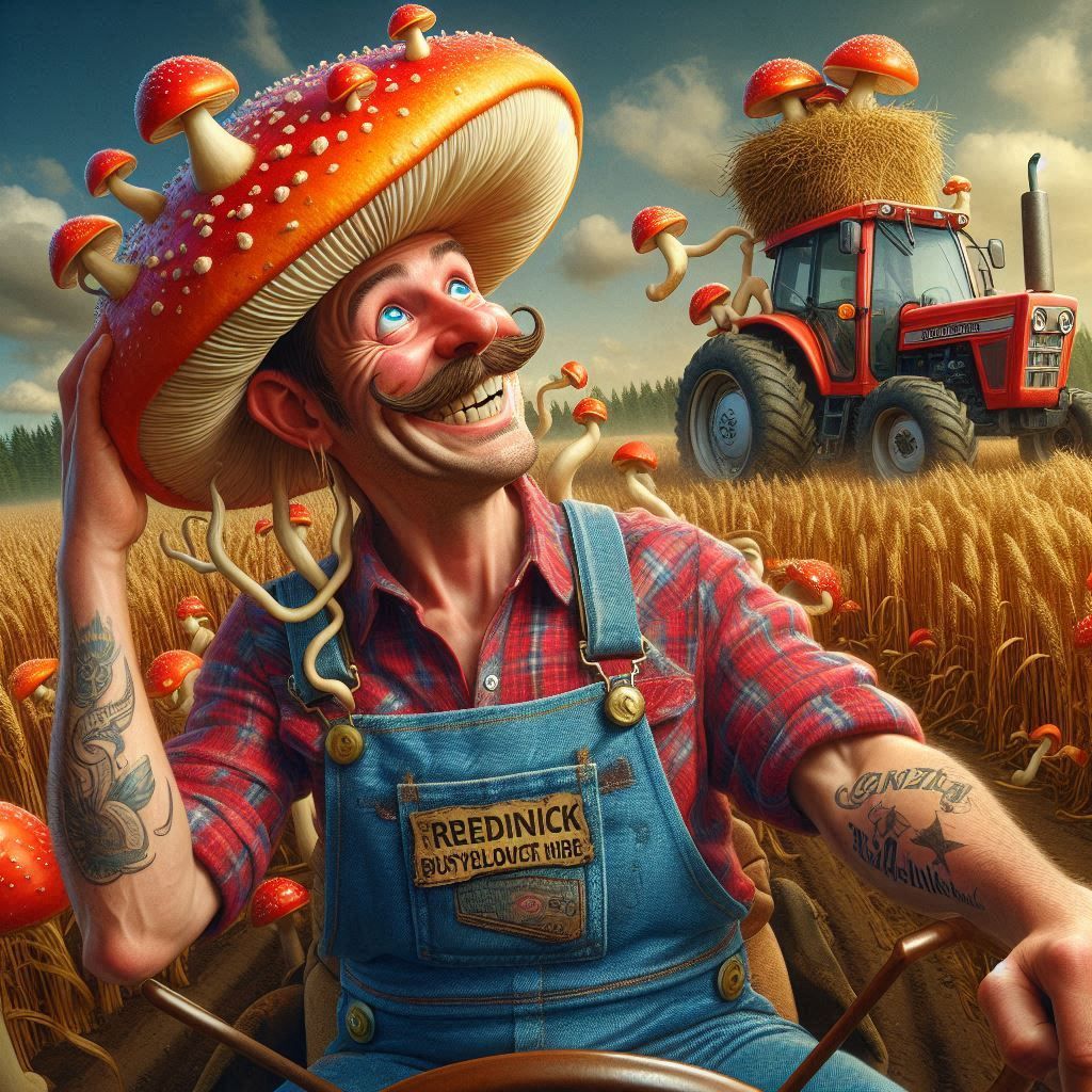 Crazy Mushrooms blushing like a red neck, Life on a farm, driving a tractor through the fields of ganja, in the backgrou...