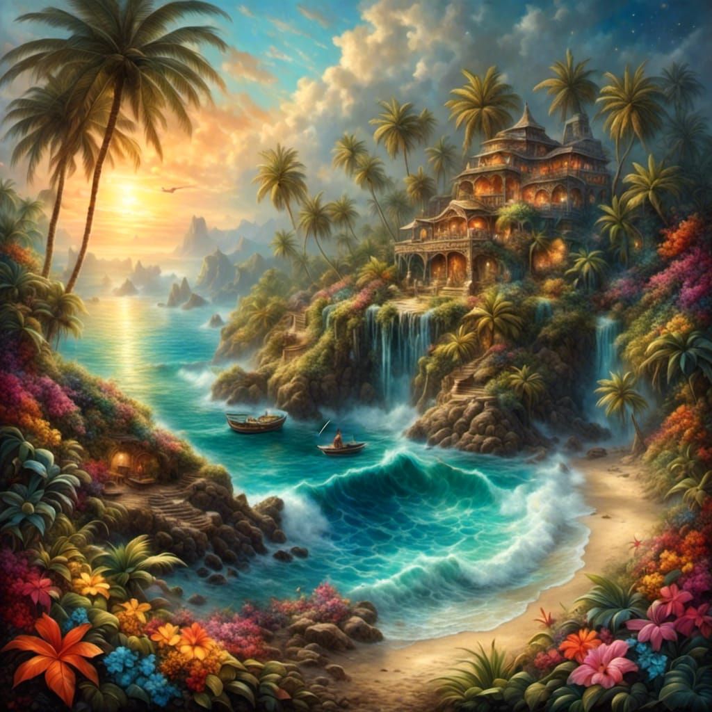 <lora:CosmicDollops:1.0> || A beautiful intricate sandy island oasis, palm trees, tikis, breathtaking sunset, lots of colorful tropical flow...