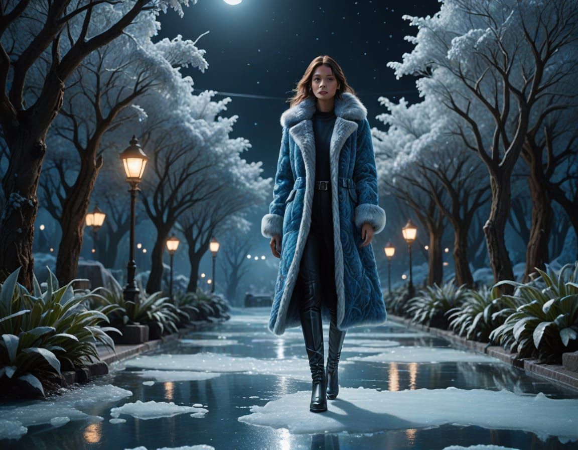 Slippery blue ice, Silver moonlight, soft warm fur coat on a beautiful model, model walks on ice in high-heeled boots, professional photo hi...