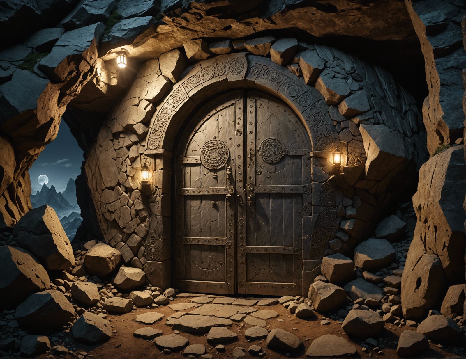 Dwarfs on a mountain inside a small cave-like opening, the moonlight shines onto a hidden door revealing the outline of ...
