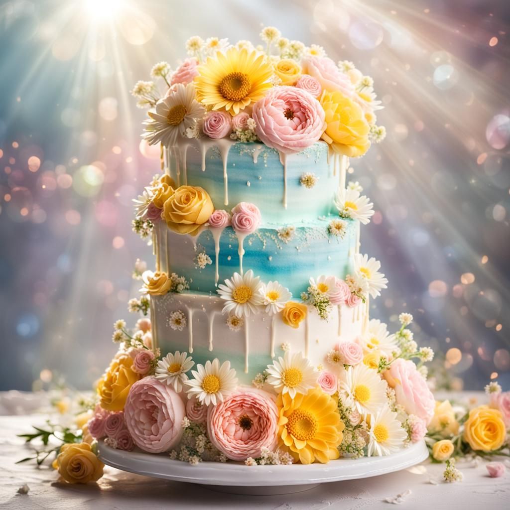 Photo of a beautiful multi-tiered birthday cake with flowers, for a woman -  AI Generated Artwork - NightCafe Creator