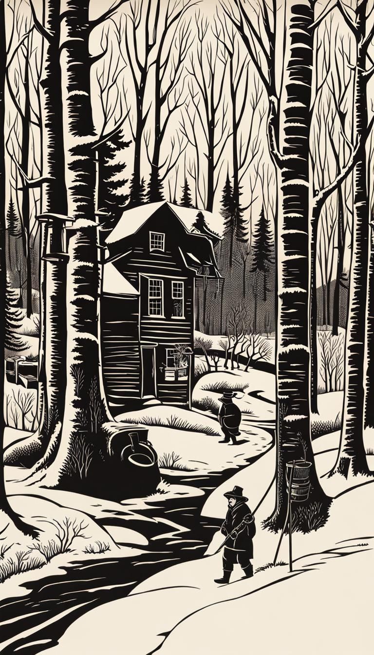 woodcut. vermont. maple syrup. maple sugaring buckets hangin...
