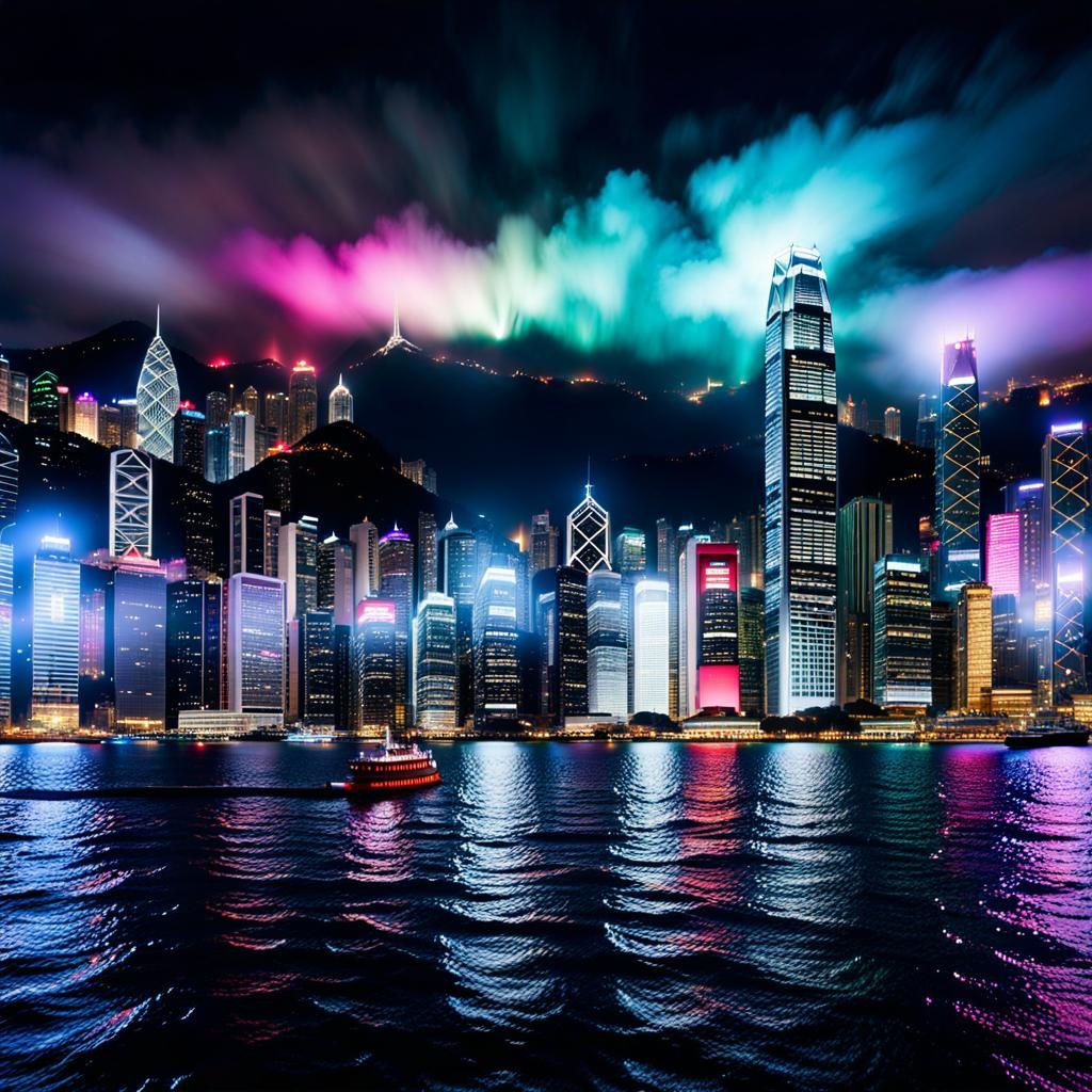 Night View of Hong Kong in Victoria Harbour, performing 