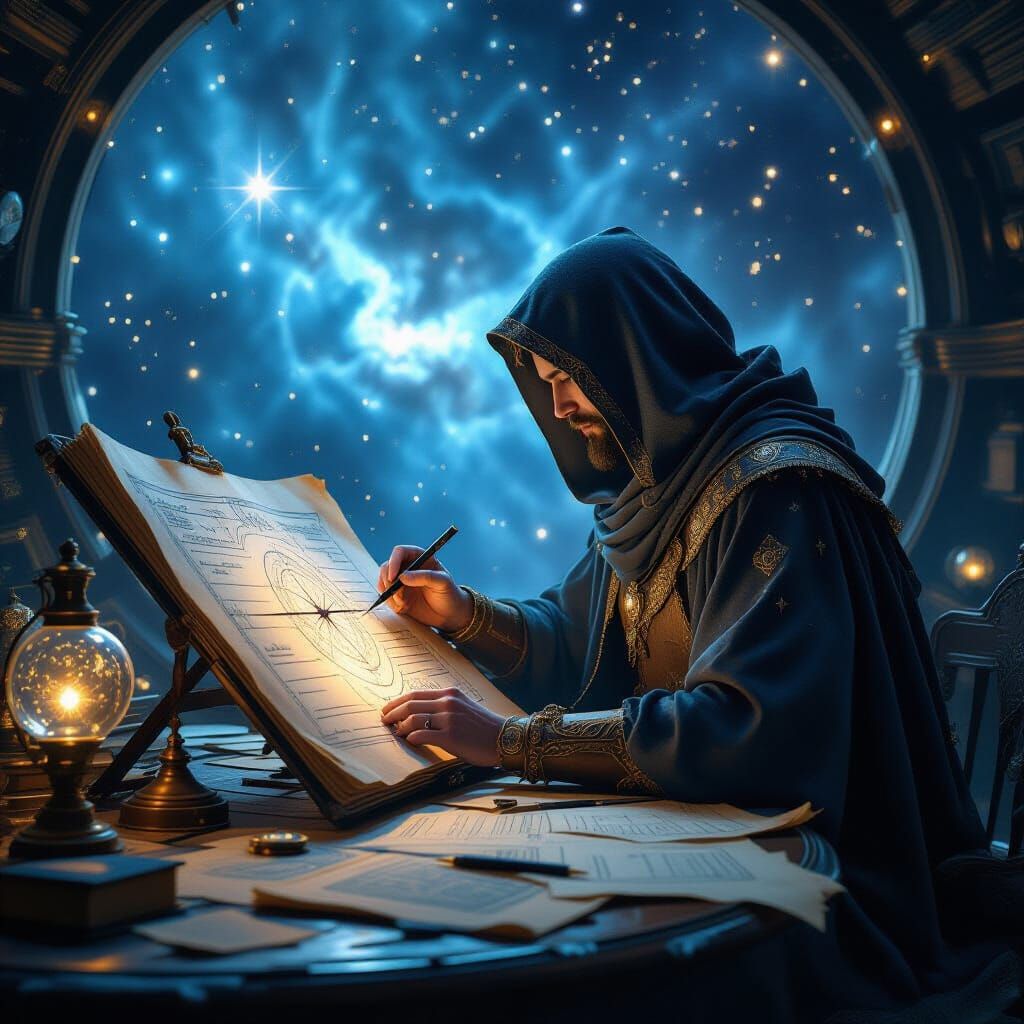 A celestial cartographer, a solitary figure cloaked in shimmering starlight, meticulously charts nebulae ...  by @Cristian