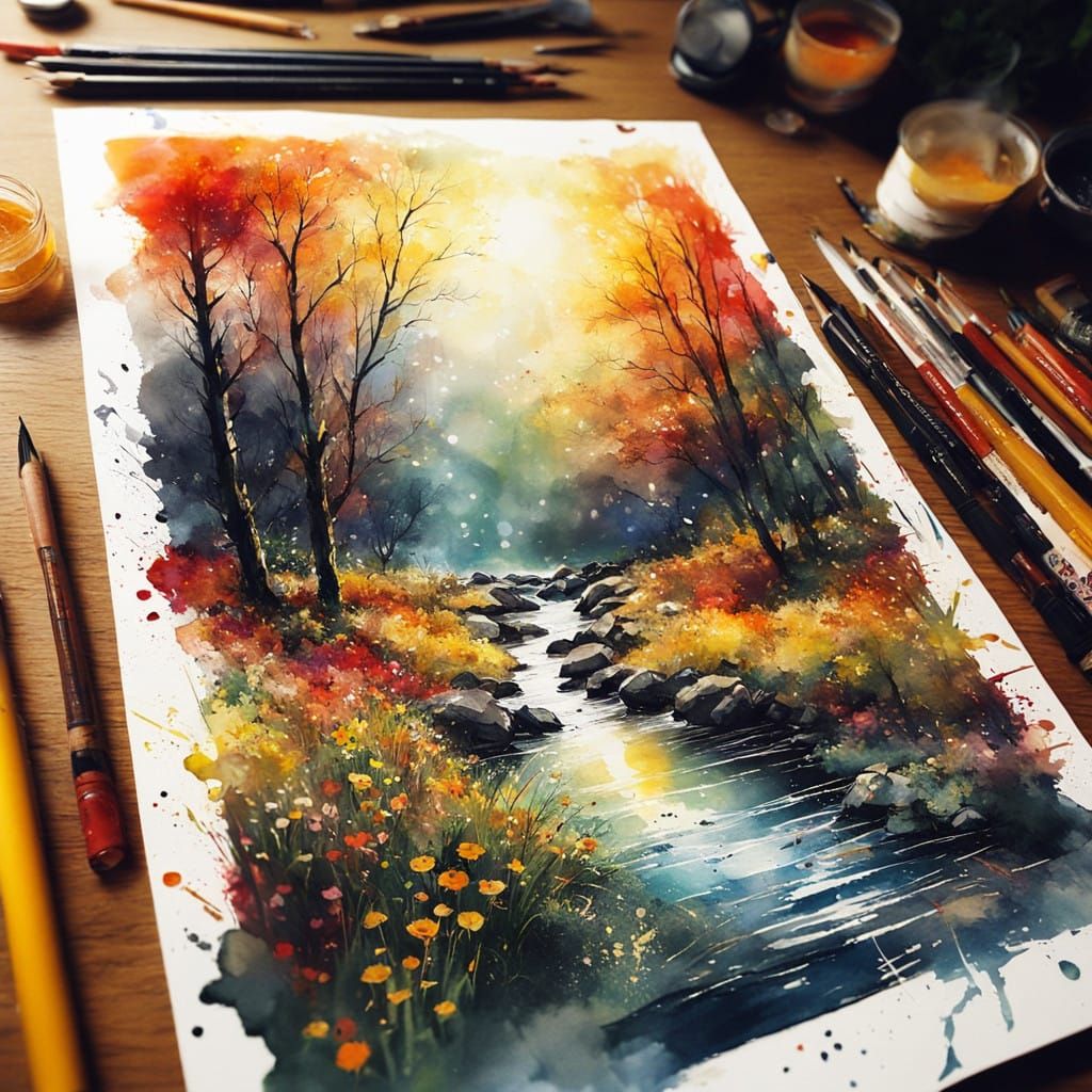 Beautiful huge sun, a magnificent lush summerscape, with beautiful rivers and valleys, waterfalls, flowers, ...  by @Andy Does AI