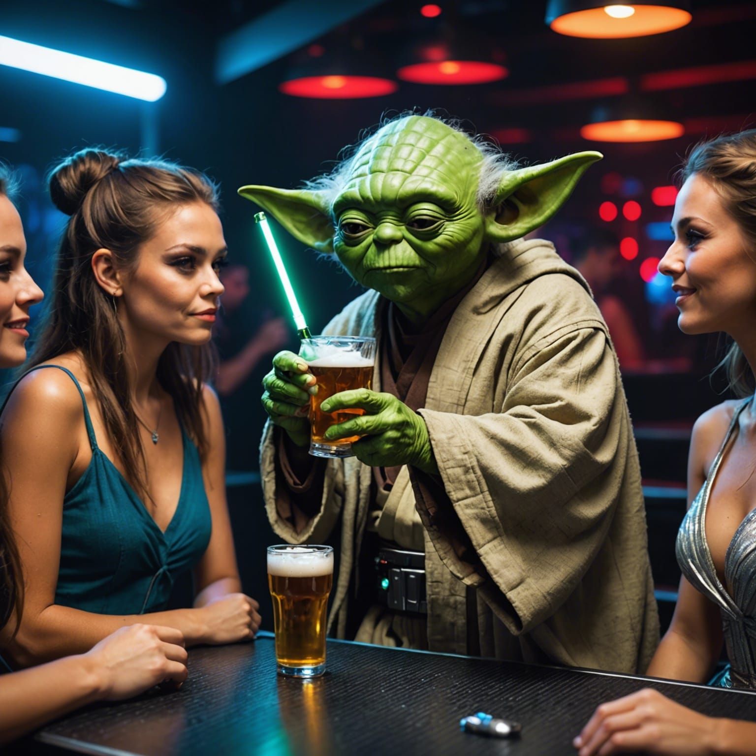 Yoda drinking beer at a nightclub showing off his lightsaber...