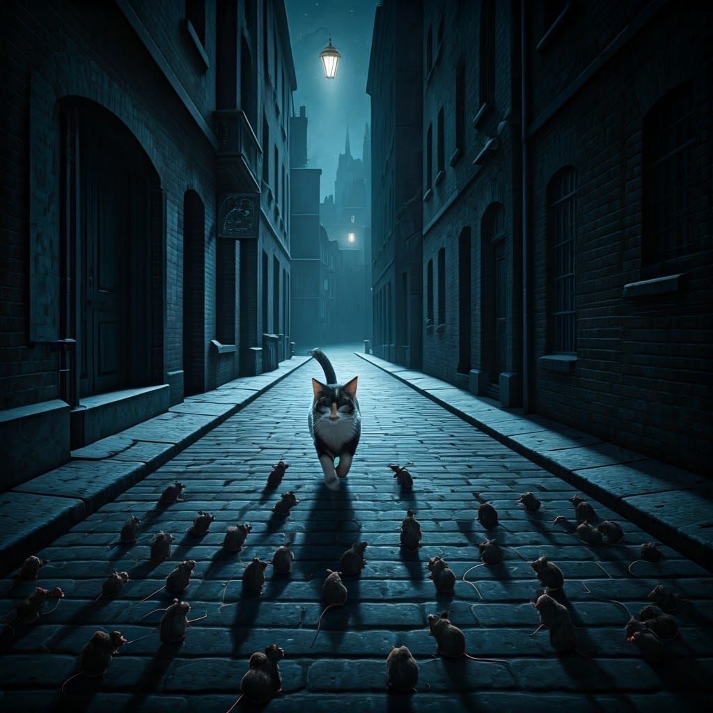 Whimsical Cat Chase Under Midnight Streetlights