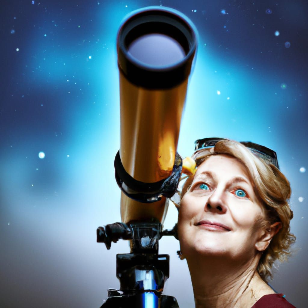 a woman standing, looking into a telescope