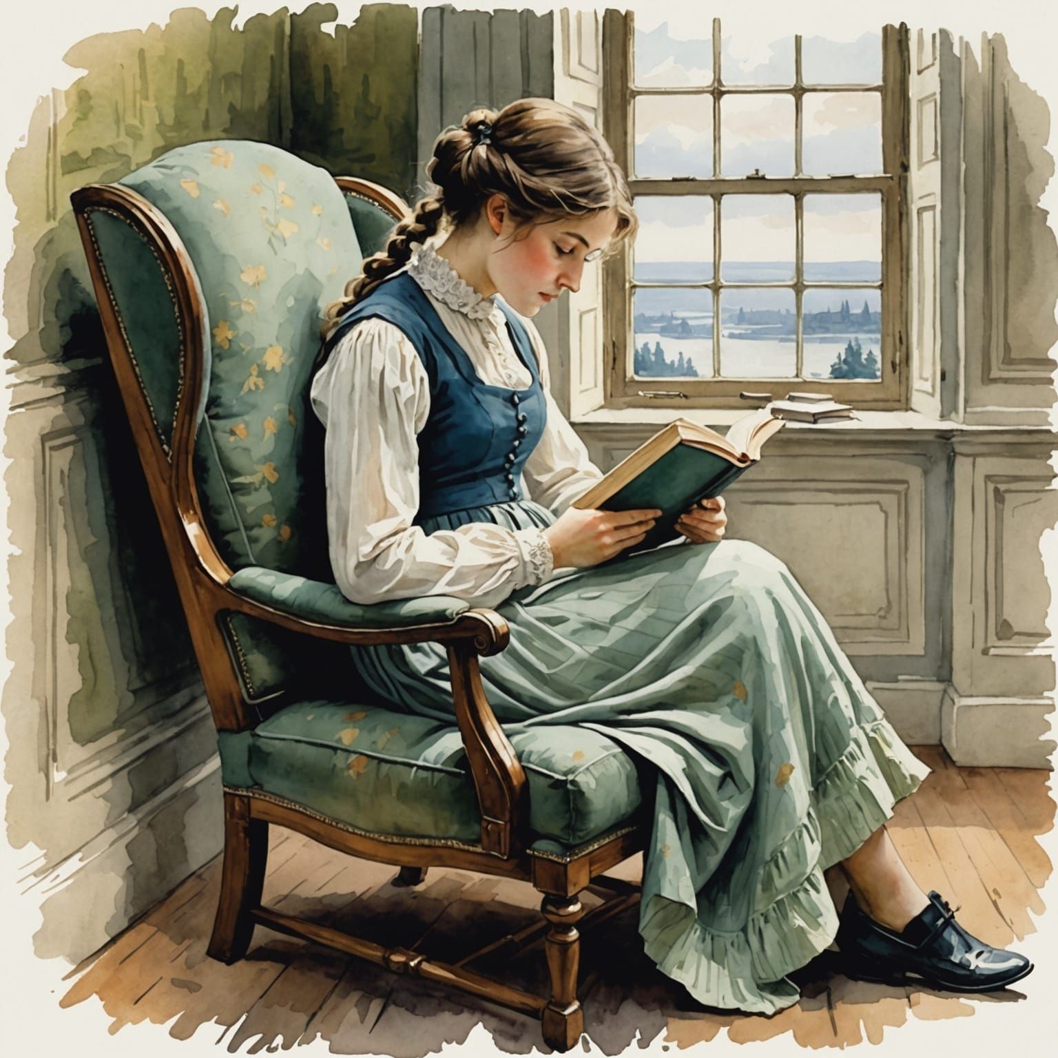 Watercolor painting of a young woman curled up in a chair whilst