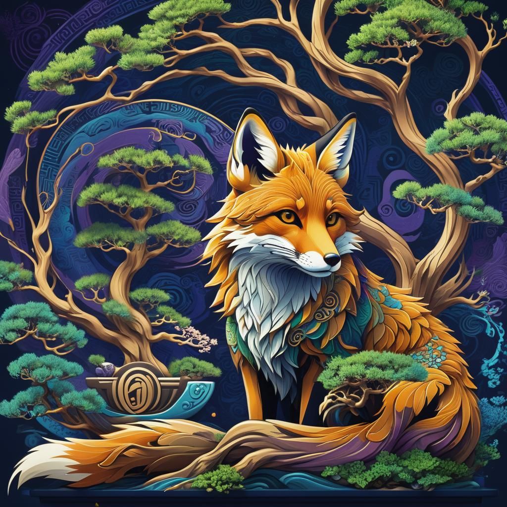 A fox sitting next to a detailed bonsai tree...