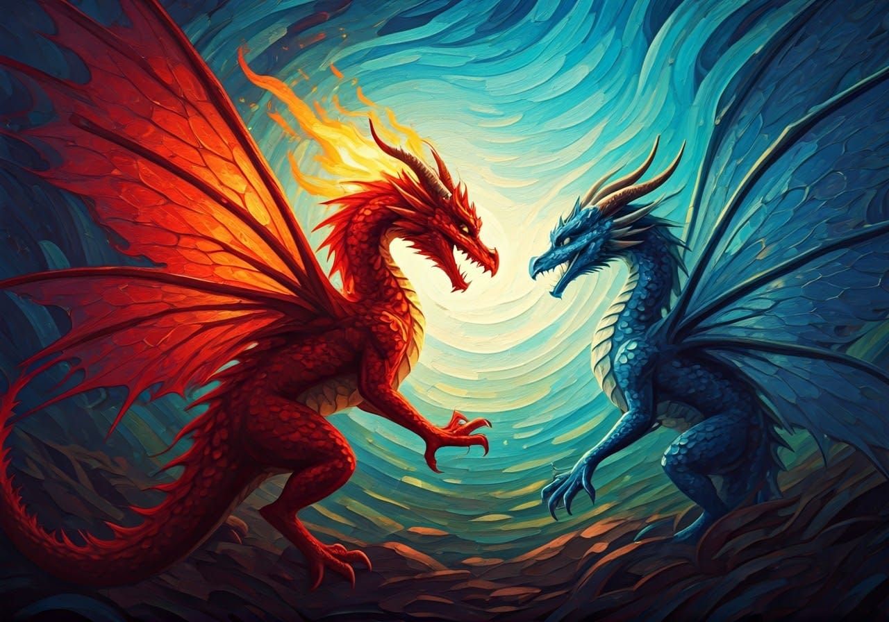 In Van Gogh's painting "Afternoon Rest of the Peasants" against the background of the sky is a fight between a red fairy dragon and a blue f...