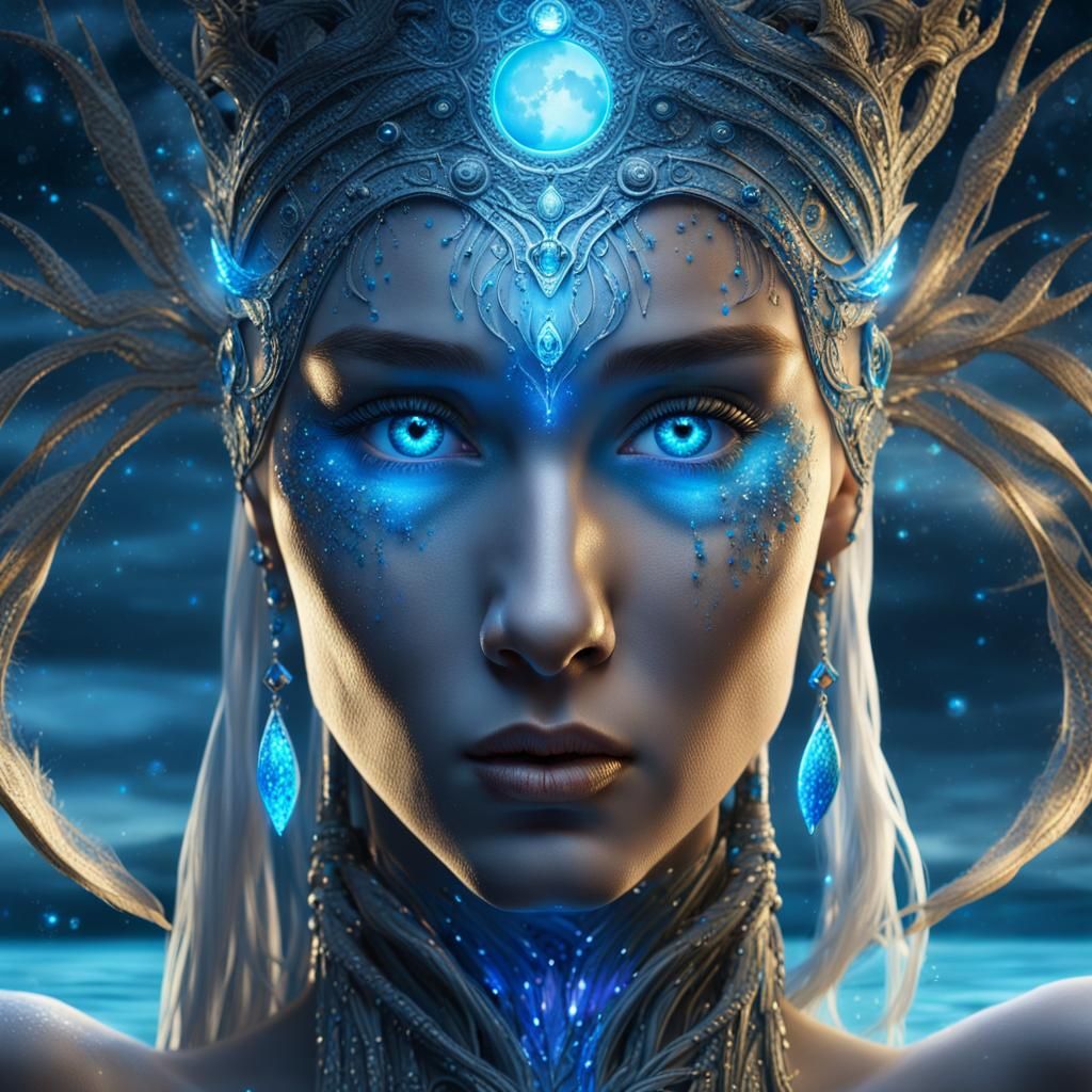 Portrait of a majestic water sorceress goddess with glowing blue eyes ...