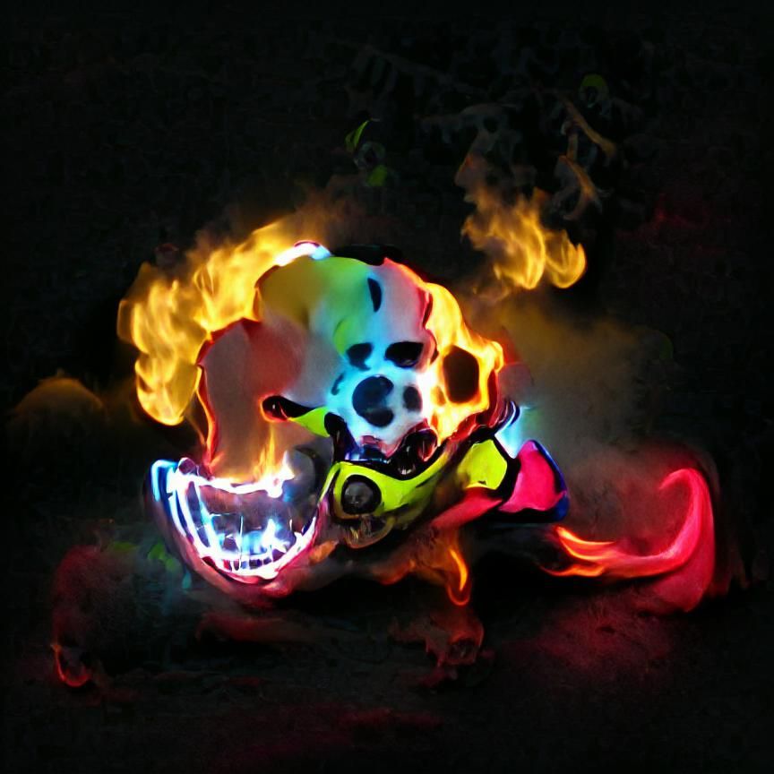 glowing neon clown skull on fire