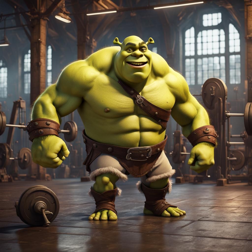 Very Muscly shrek in gym