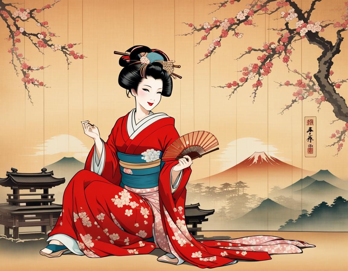 Happy Geisha in Ancient Edo Ukiyo-e Style