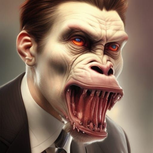 Ape in suit ,5D lighting,surreal fantasy art,detailed face,5...