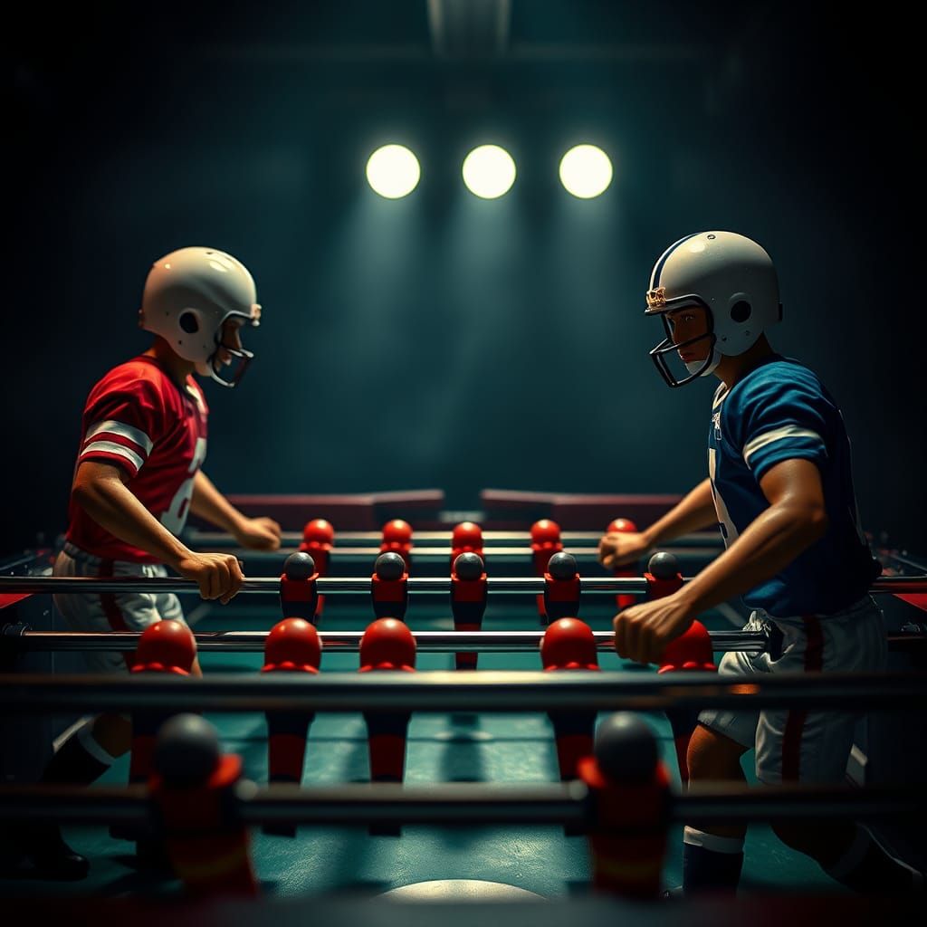 Human football players attached to the bar on a table footba...