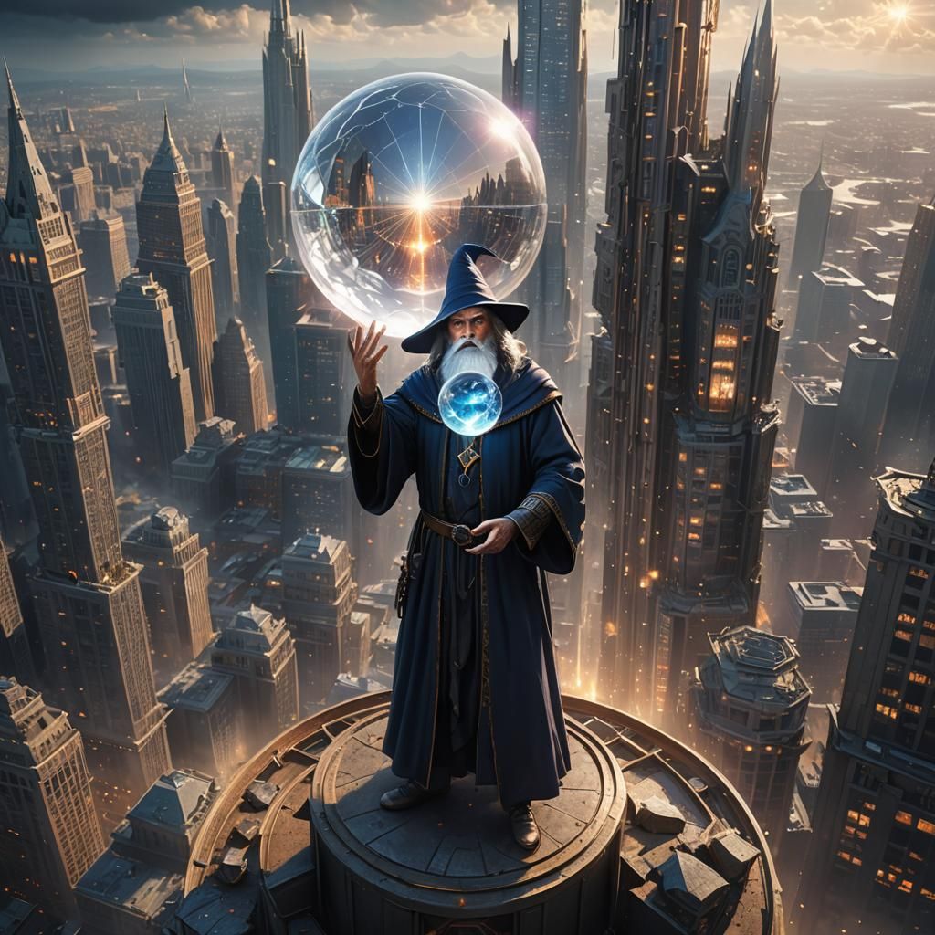 wizard standing on skyscraper holding a crystal ball with be...