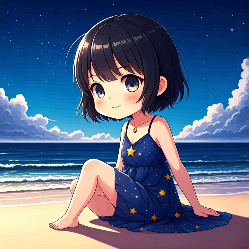 Chibi Girl Under Nighttime Beach Sky