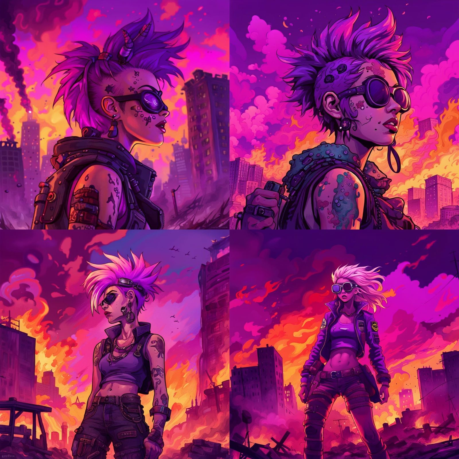 Psychedelic tank girl, burning buildings, sky on fire. Post-apocalyptic purple epic background