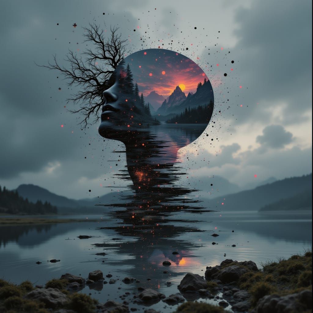 <lora:fractured souls:1.0> An image of a surrealistic melancholy porcelain face that is fractured, cracked, hollow interior, stars escaping,...