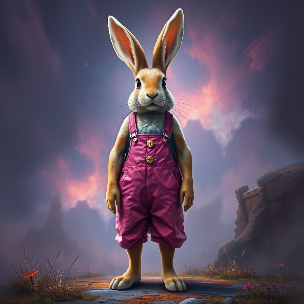 Anthropomorphic Rabbit in Pink Overalls, Matte Painting