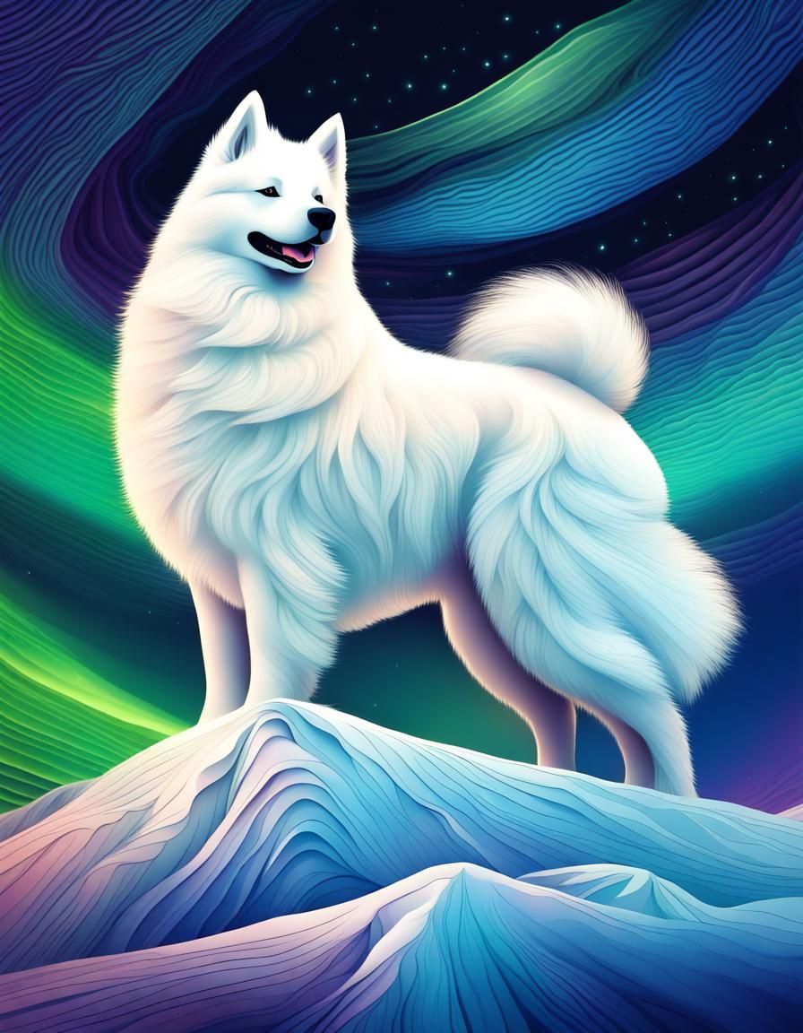 Samoyed Hug Under Aurora Borealis
