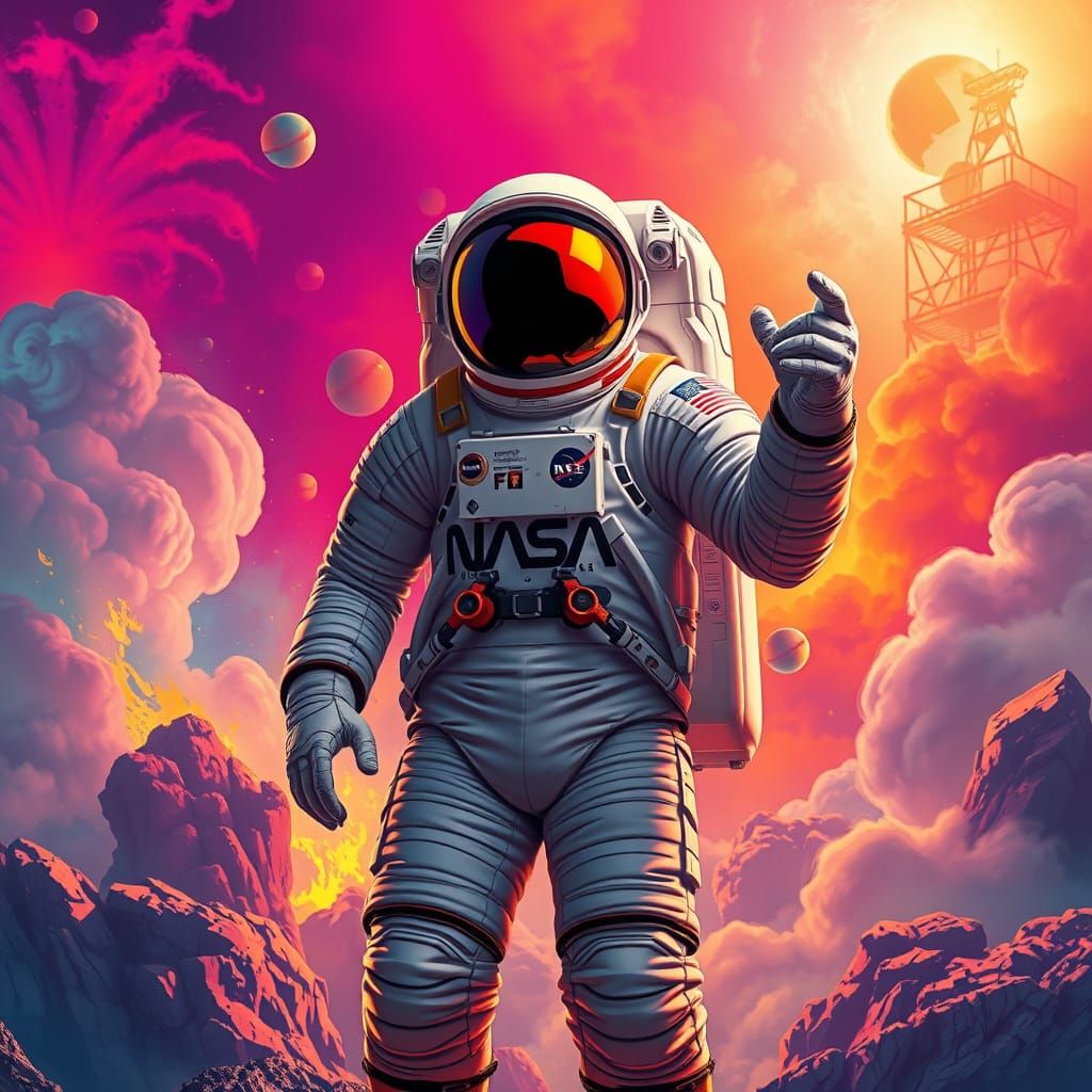 Heroic Astronaut in Vibrant Triadic Landscape