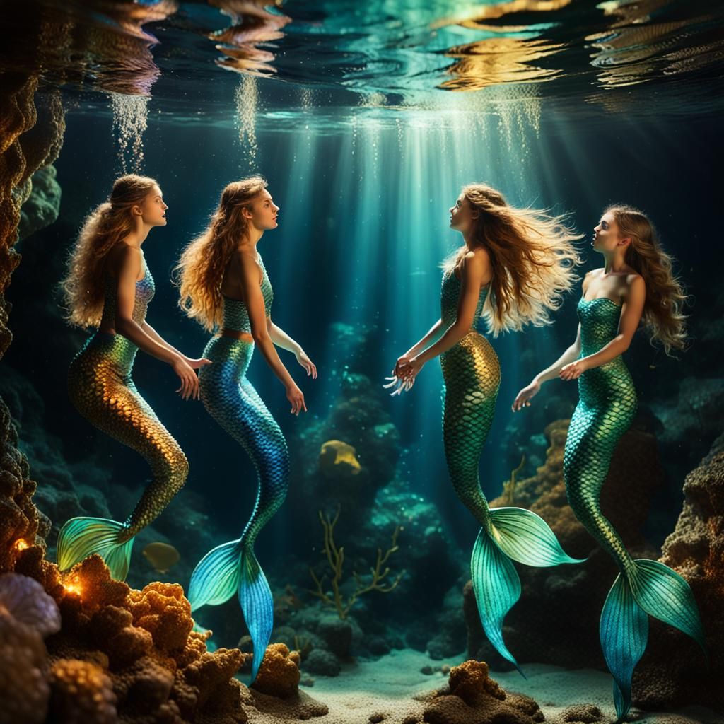 Underwater Mermaid Sisters in Surrealist Oil Painting