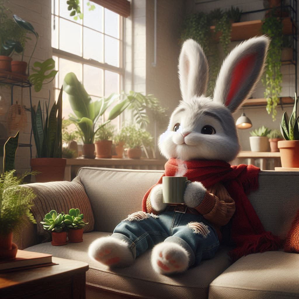 Anthropomorphic rabbit relaxing
