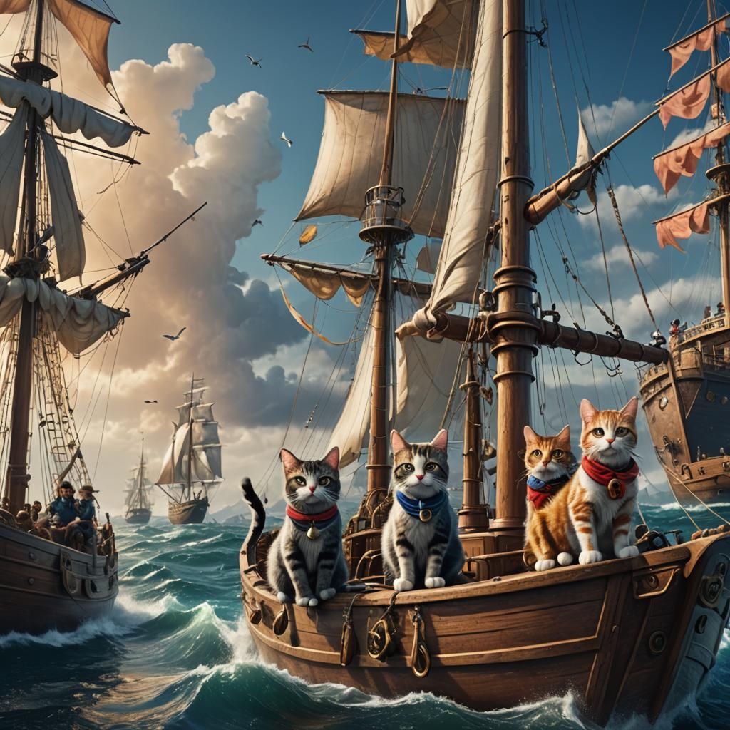 Kitty cat sailors fishing on sail boat