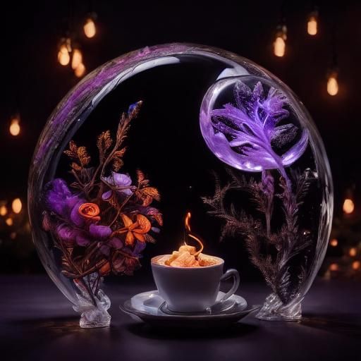 <lora:Ice:1.0> magic, mystical, wands, wizards, ice and purple snow, coffee grounds on the table and purple ice drops intricate details, HDR...