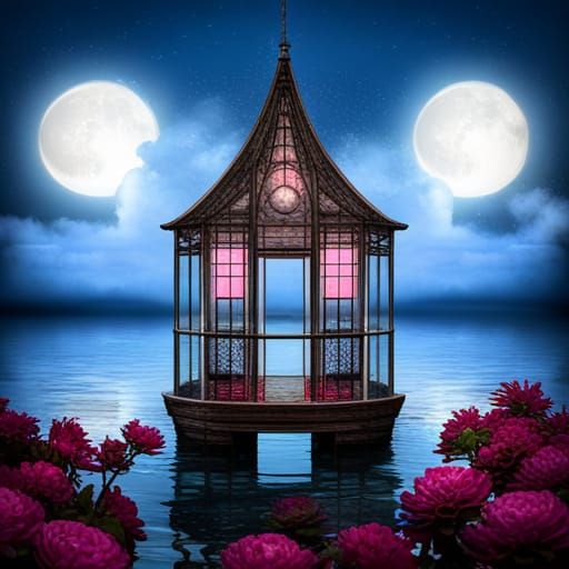 Double moon glass gazebo on the water