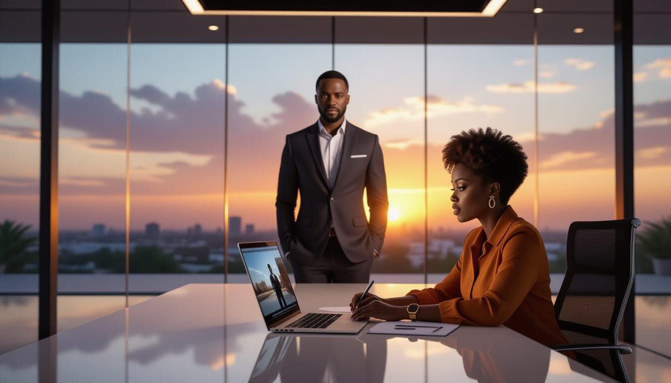 “Inside a modern African megachurch office with glass walls and polished floors, investigative journalist Mrs. Ozioma Nwude (41, chocolate-b...