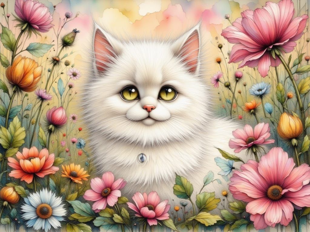 Fluffy Turkish Angora Cat with Flowers in Art Nouveau Style