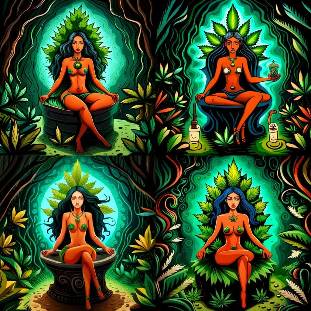 weed goddess, sitting on a throne in a surreal cave with a s...