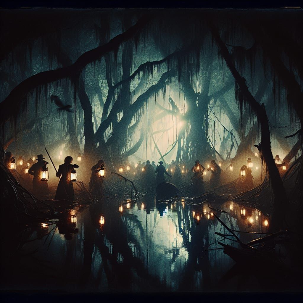 Dark and evil swamp with people searching between the tress with lanterns and in the water during the 1800's