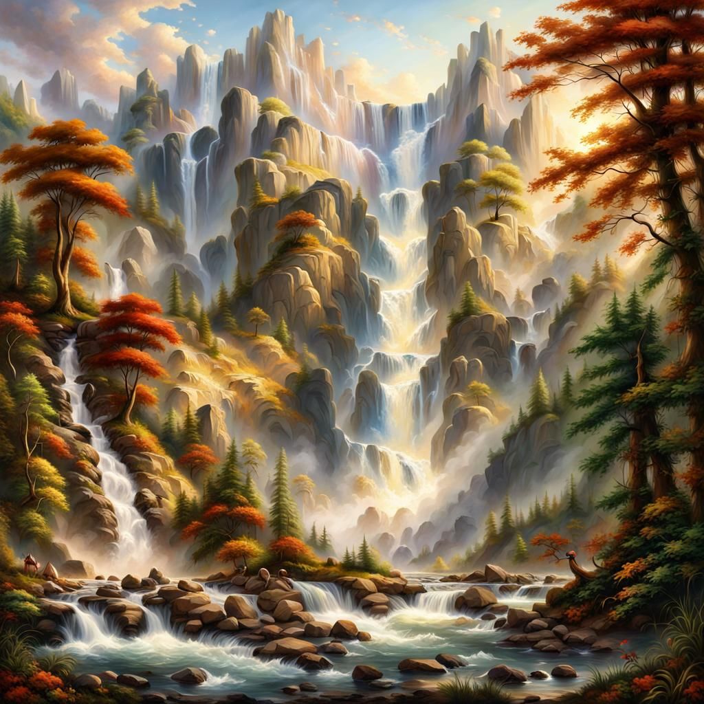 Beautiful mystic waterfall, highly detailed intricate realis...