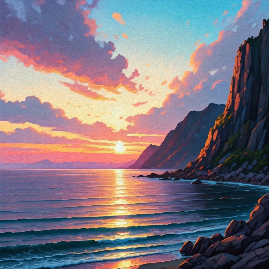 Dreamy Seascape at Sunset in Mixed Media Style