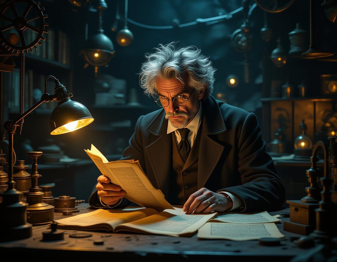 A madness scientist with disheveled hair in a snabby road  in a dimly lit, cluttered laboratory, poring over ancient, glowing manuscripts. G...