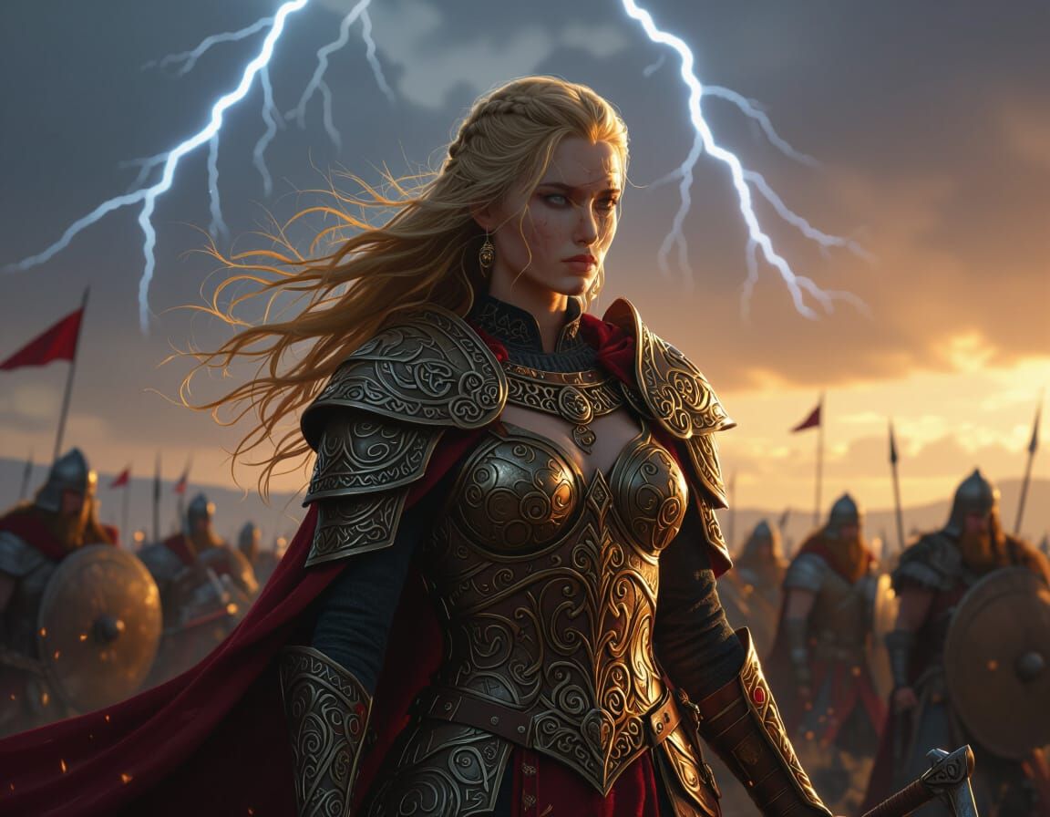 Celtic Warrior Queen Leading Army in Dark Fantasy Style