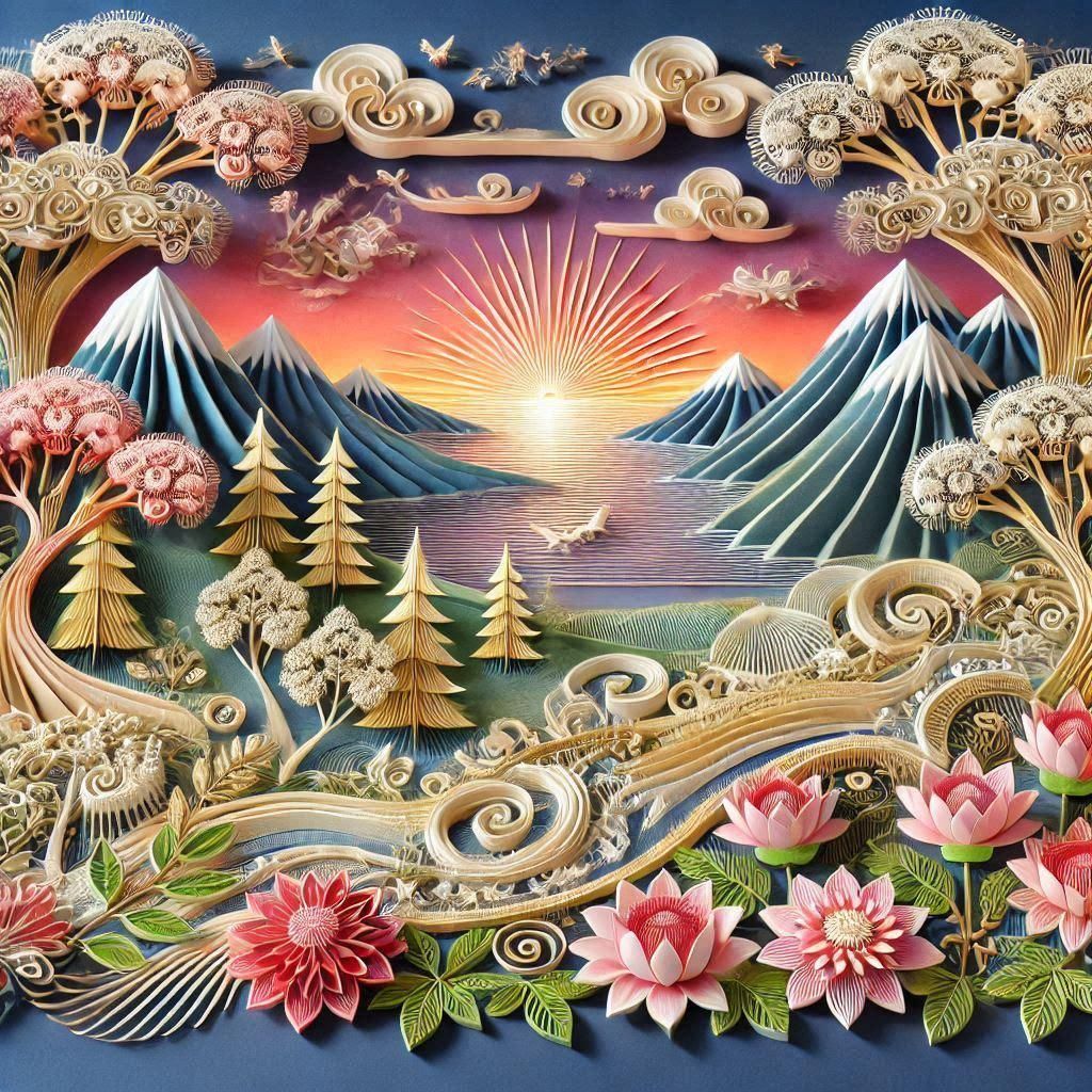 Bright Filigree Paper Landscape Art with Colorful Quilling Textures 🖼