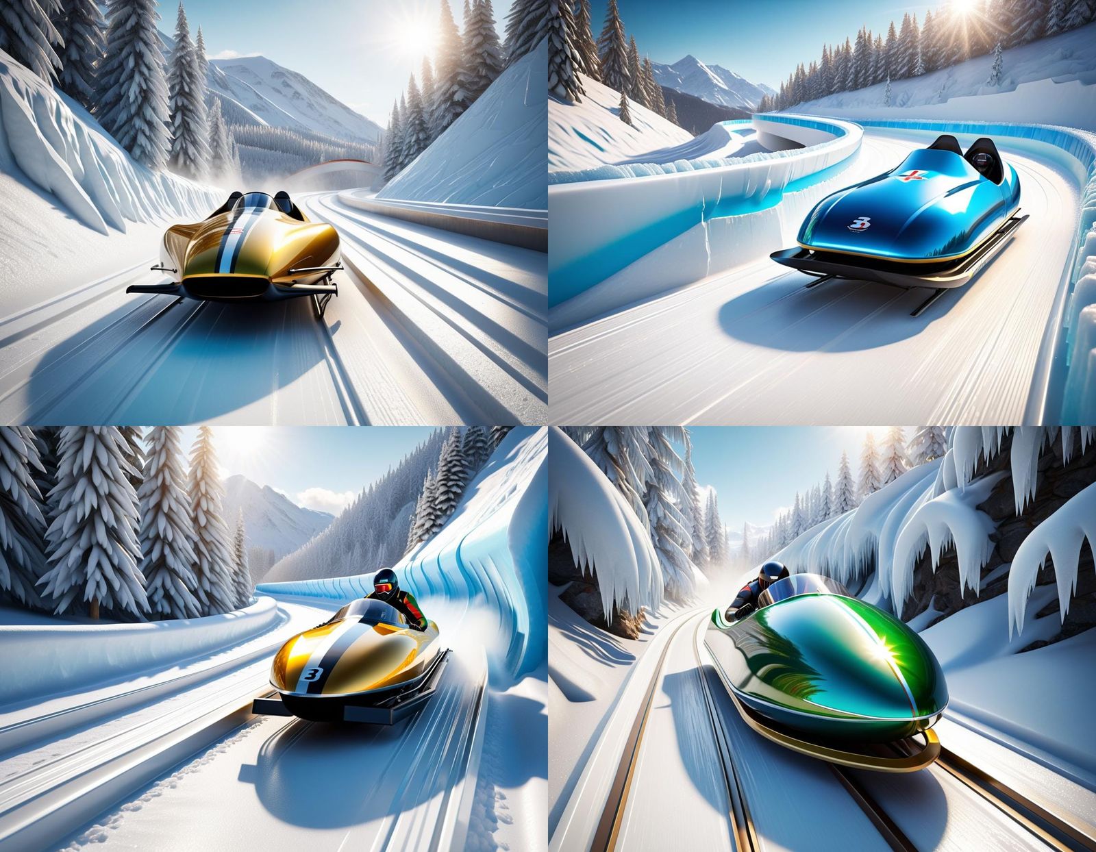 (A sleek bobsled sliding down a narrow frozen bobsled track at great speed, its aerodynamic curves glistening in the sun...