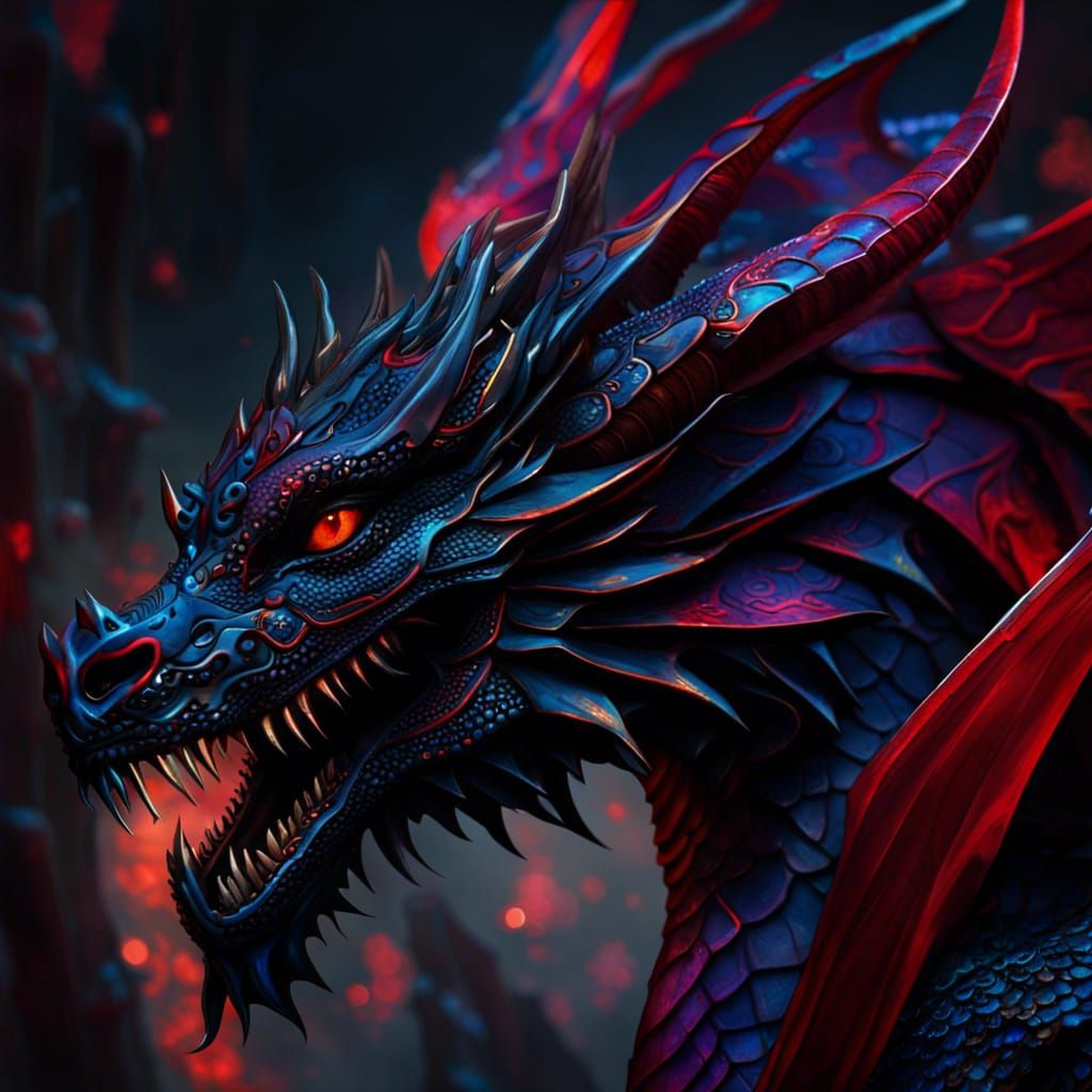 Black Opalescent, Red Runic Dragon - Ai Generated Artwork - Nightcafe 