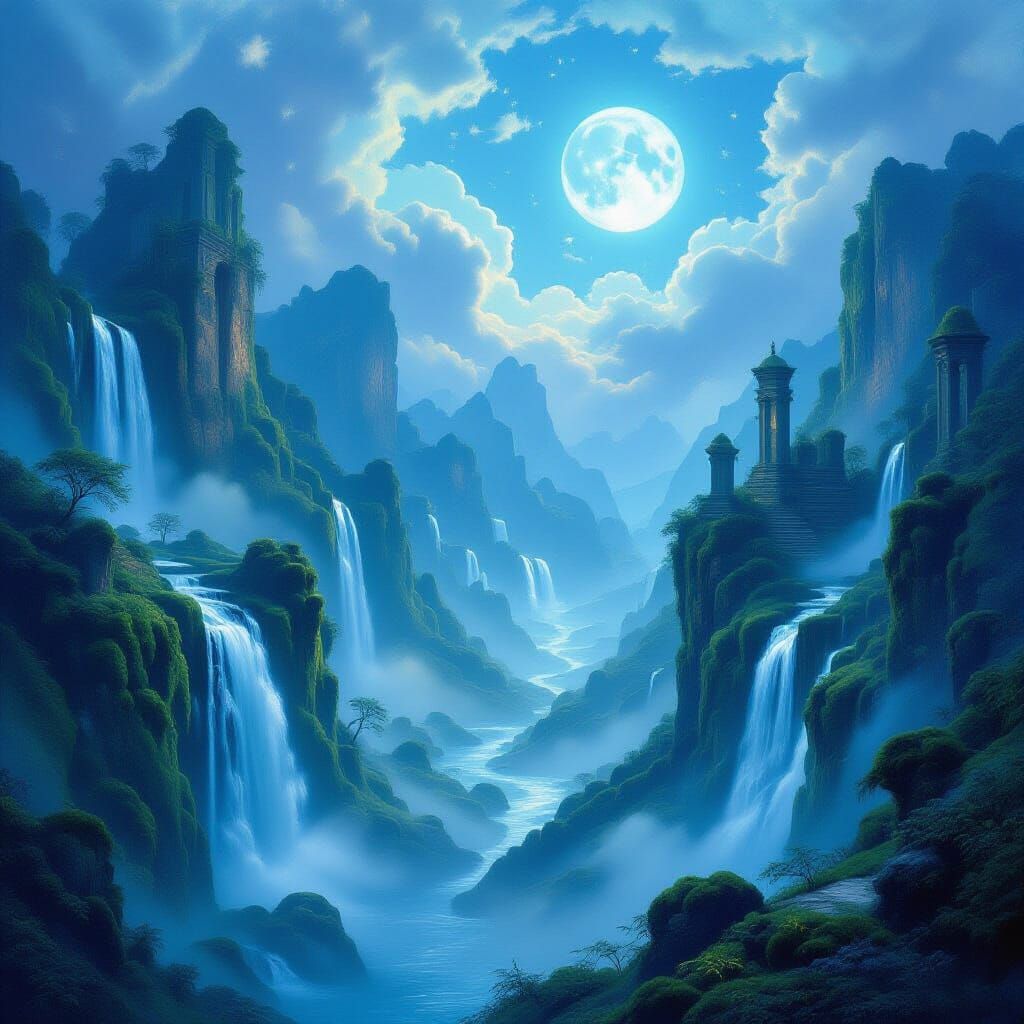 Ethereal Fantasy Landscape with Twin Moons