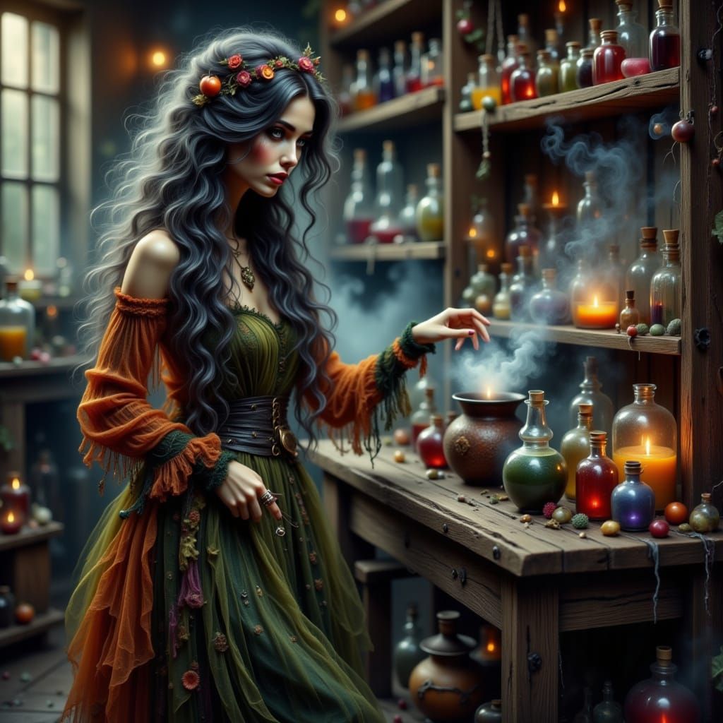 Gothic Witch Brews Potions in Cluttered Room