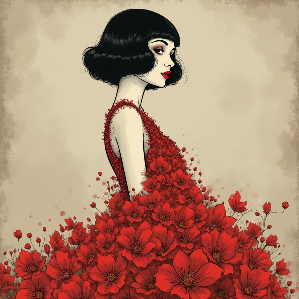 The image shows a creative combination of photography and drawing: A drawn flapper with a bob in black and white wears an elegant dress made...