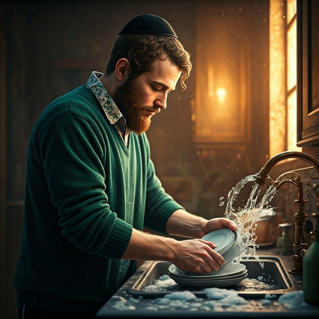 Orthodox Jewish Man in a Whimsical Kitchen Scene