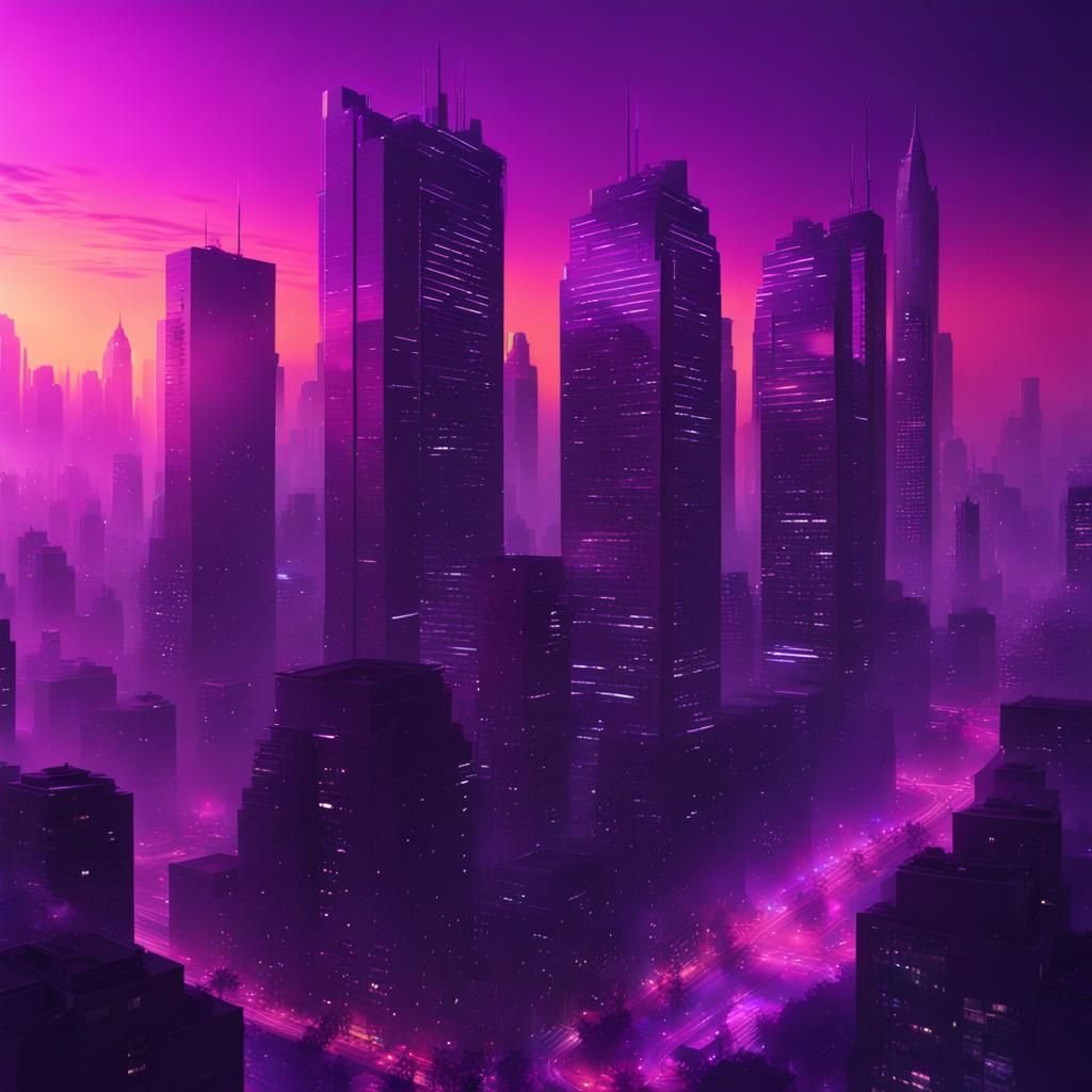 Night city landscape at purple neon retrowave or vaporwave aesthetic sunset skyscrapers silhouette  by @Ellie