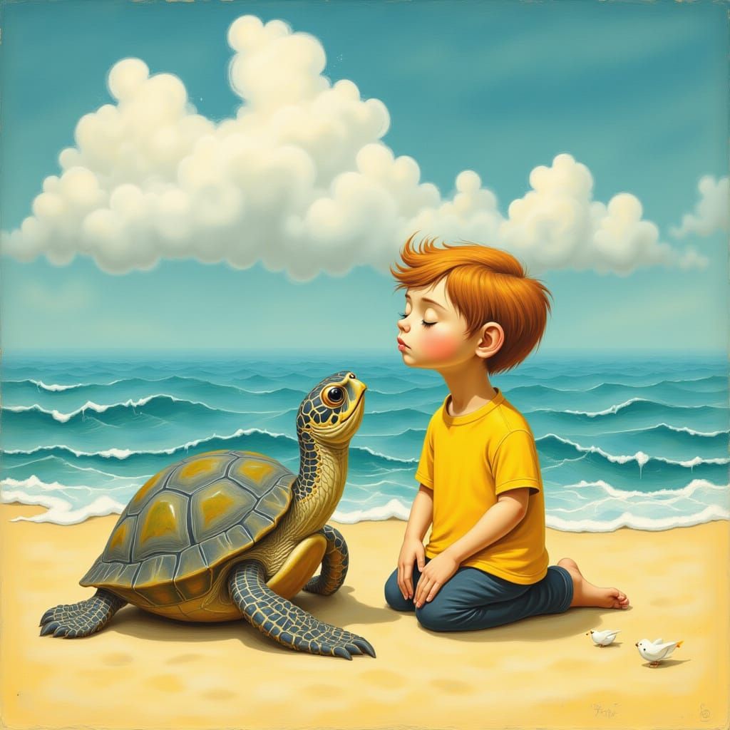 a a little boy and a turtle, sitting on a sunny beach, wind, art brut: <lora:ArtBrutFantasy:1.0><lora:ArtBrutFantasy:1.0>